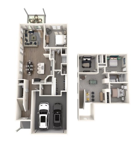 A floor plan of a two-story house with a garage and a living room.